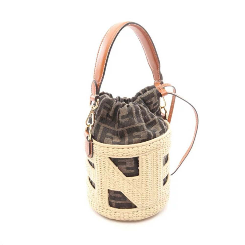 Fendi STEP Handbag Canvas Leather Raffia Ivory White Black Multicolor - Picture 2 of 8